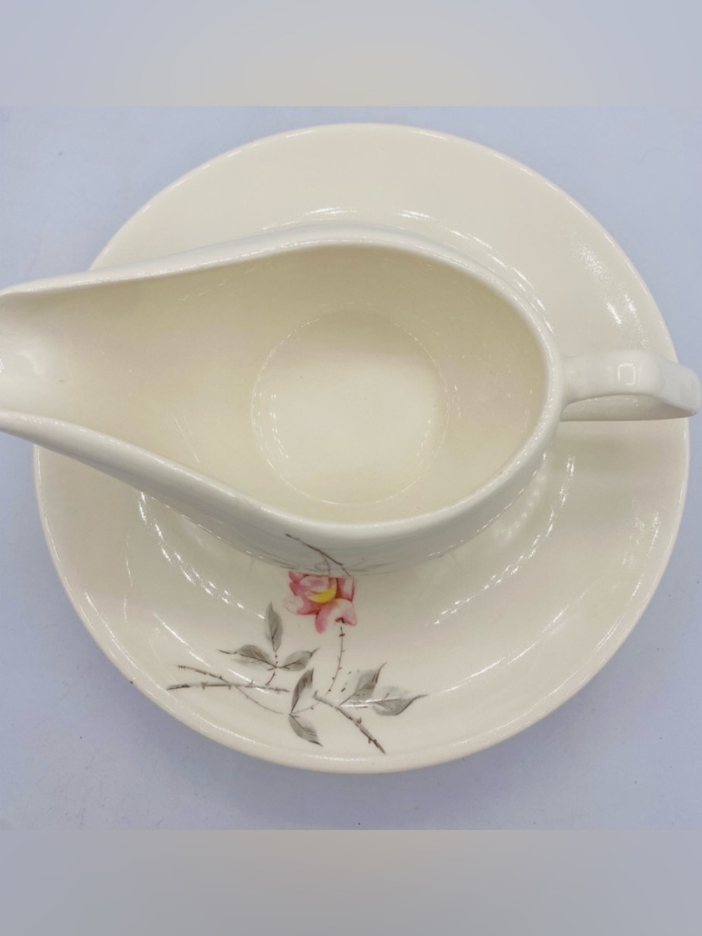 Vintage Cream Pink Rose  Floral Design Porcelain Gravy Boat with Saucer MCM - Picture 2 of 11